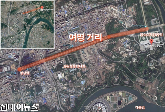 평양 룡흥네거리와 금수산 태양궁전 사이의  여명거리(사진:구글어스)