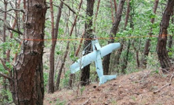 9일 오전 강원도 한 야산에 북한군 무인기와 유사한 하늘색 소형 비행체가 나무에 추락해 있다.[사진=합동참모본부]