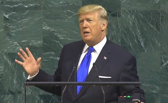 도널드 트럼프 미국 대통령이 19일(현지시간) 유엔 총회에서 기조연설을 하고 있다.